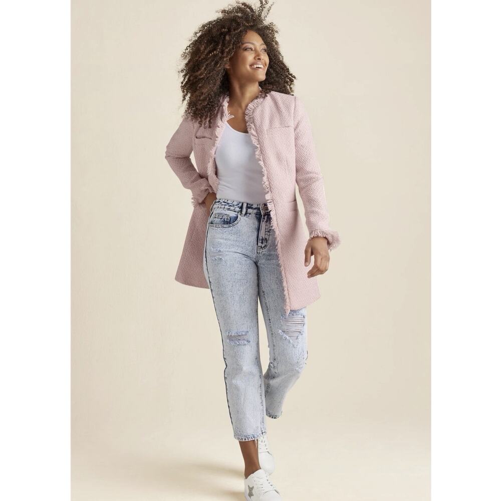 Venus Open Front Tweed Fringe Jacket, light pink Long size medium Size 8 Career - Picture 3 of 12